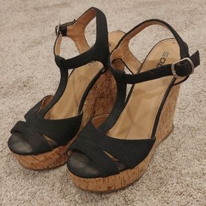 Soda Women's Black Wedges with Cork Heel